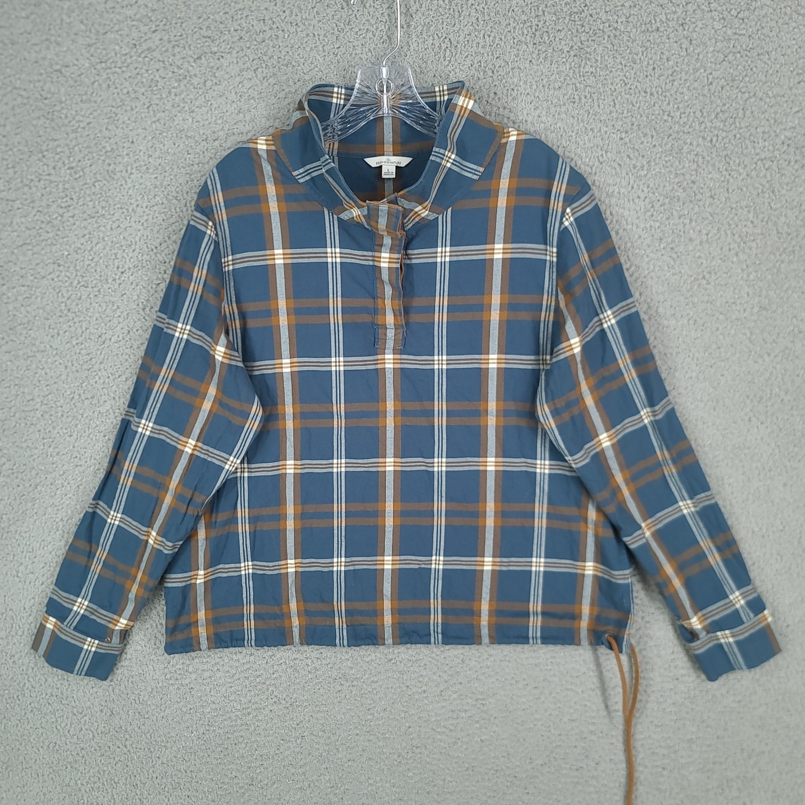 LL Bean Signature Top Women Large Plaid Pullover Flannel Waist Tie Mock Neck