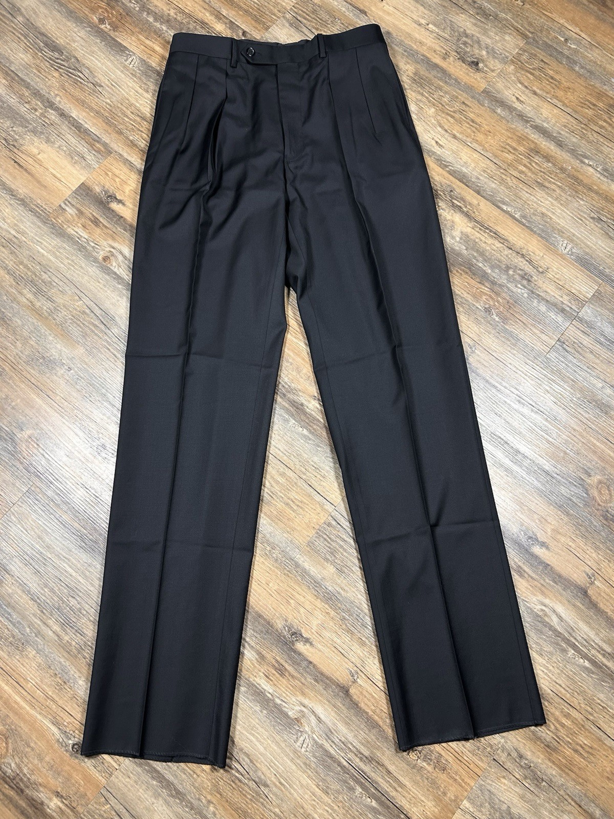 Samuelsohn Pants Men’s 33×38 Unhemmed Black Super 110’s Pleated Wool Italy L-4