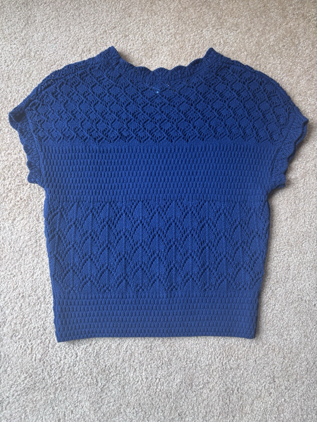 Draper James RSVP Blue Open Knit Pointelle Short Sleeve Sweater Top S Crochet