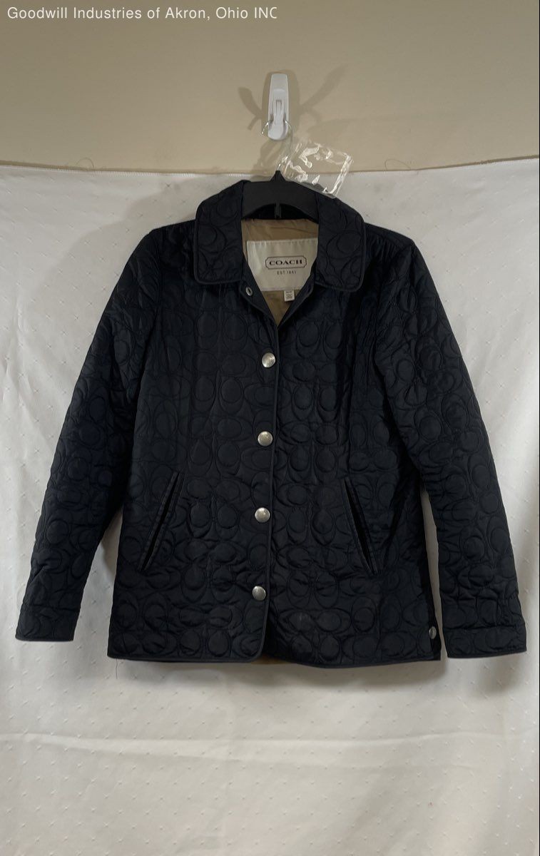Coach Women’s Quilted Barn Jacket Black Signature C Logo Snap Button Sz XS