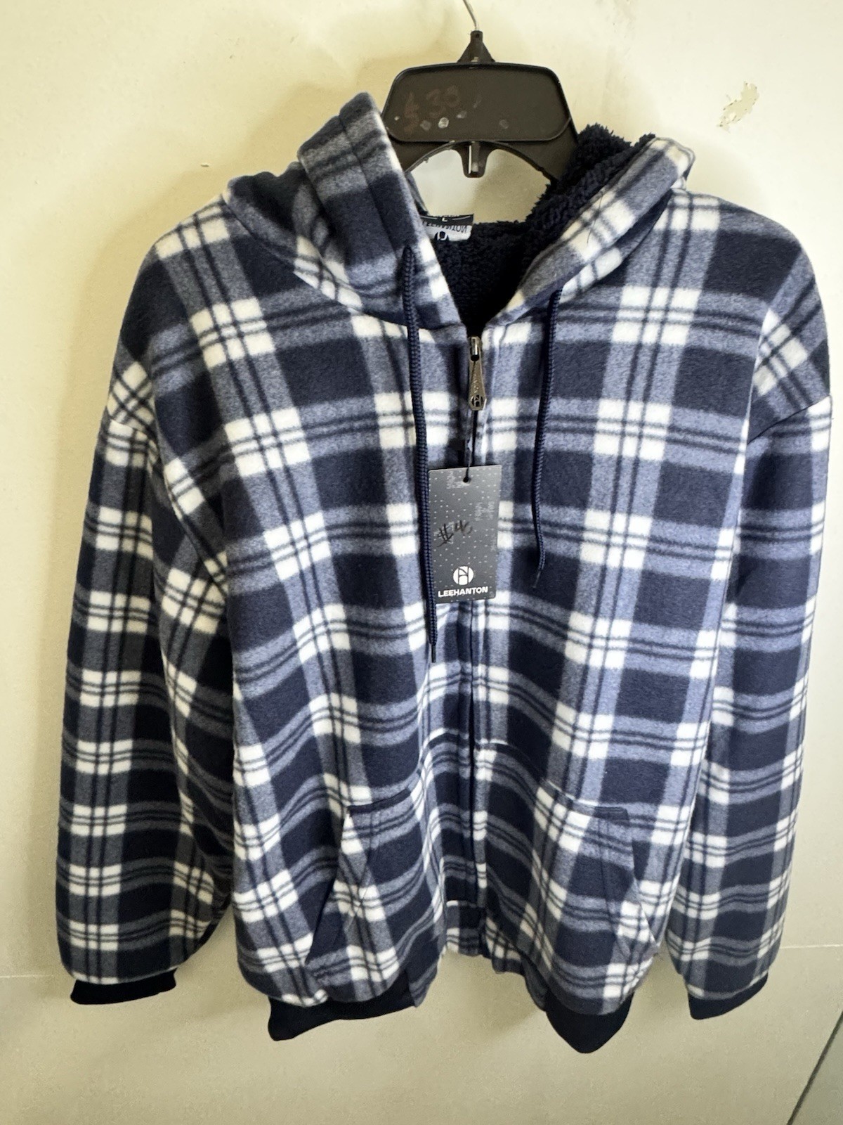 Leehanton Men’s Blue White Plaid Hooded Full Zip Lined Jacket Size L