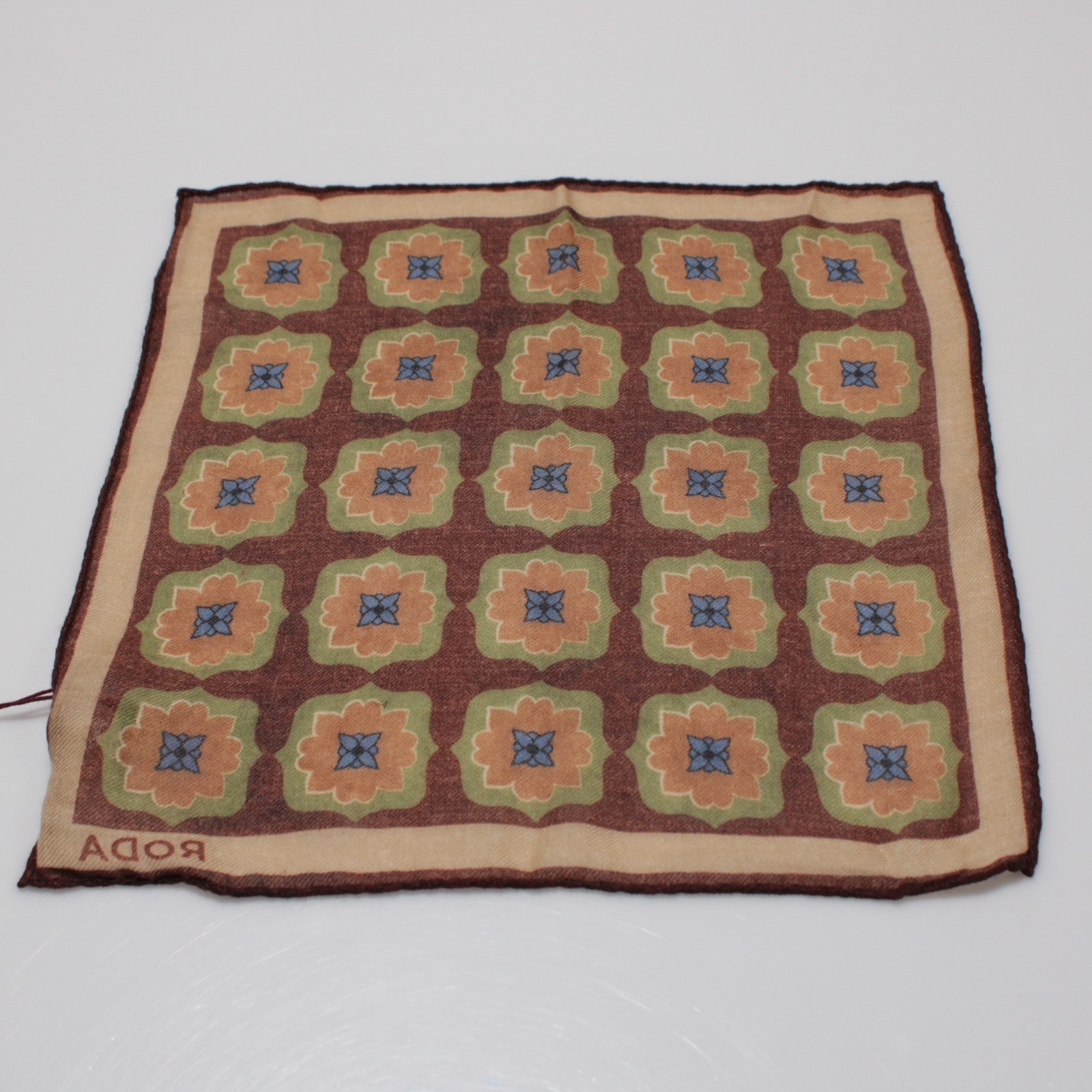 Roda NWT 100% Wool Pocket Square Brown / Green / Orange / Blue Geometric Print