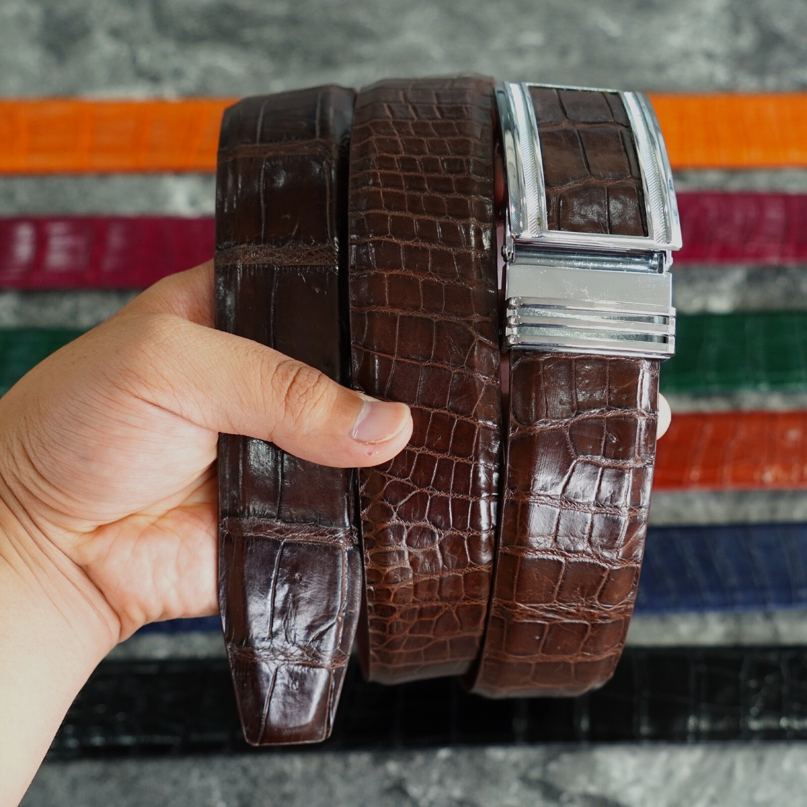 W1.5 inch Brown Genuine Crocodile Belly Leather Skin Men’s Belt Pin Buckle