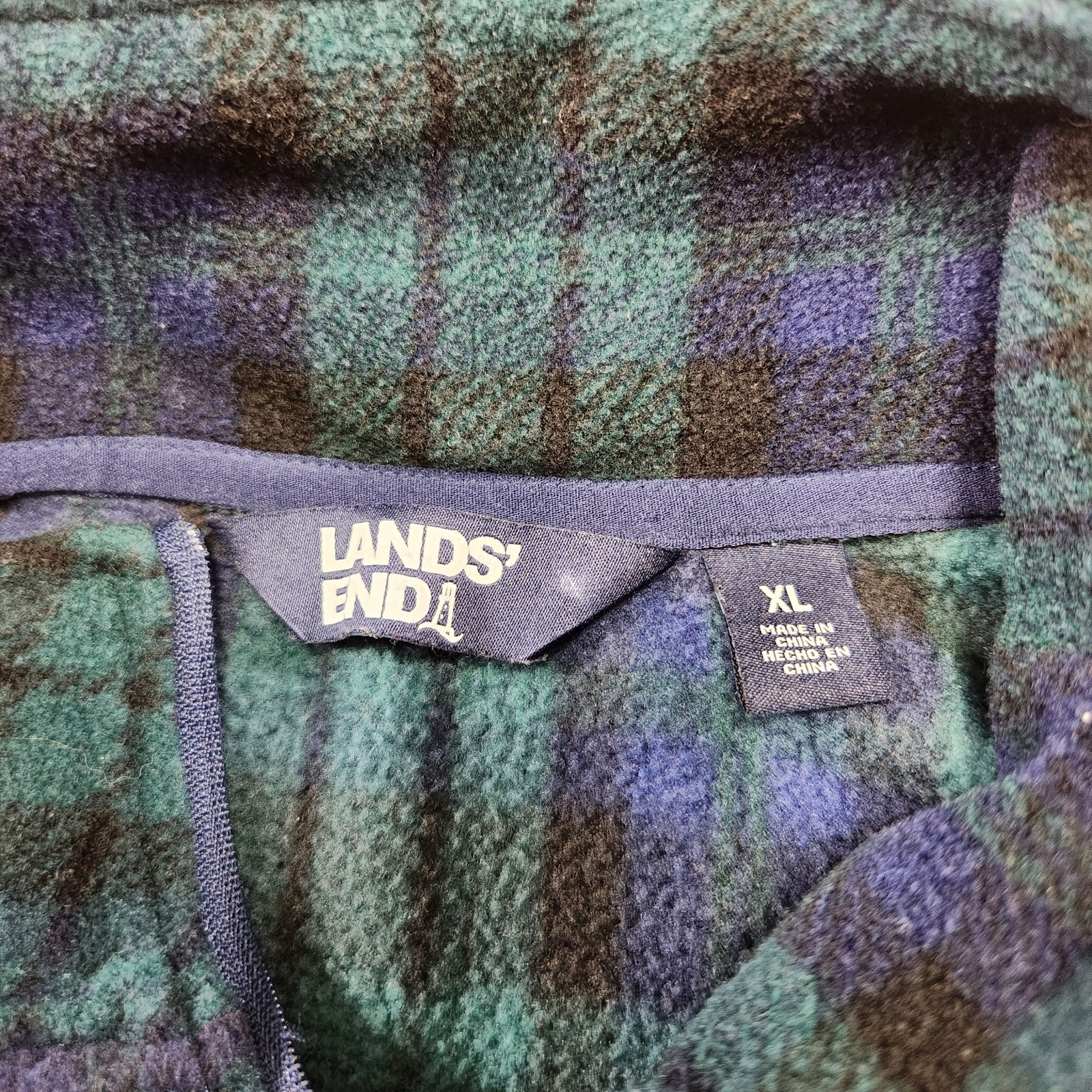 Lands End Sweater Men XL Blackwatch Plaid 1/4 Zip Powder Fleece Pullover Preppy