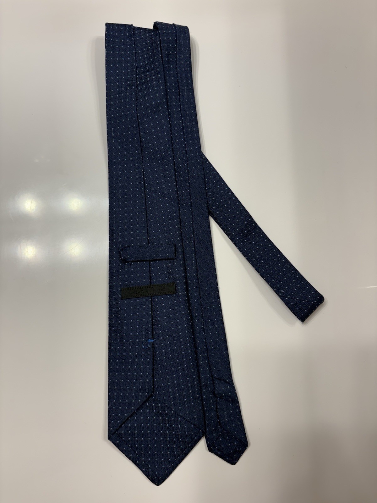 Prada Milano Men’s Tie Silk Jacquard Polka Dot Navy/White Pointed Logo