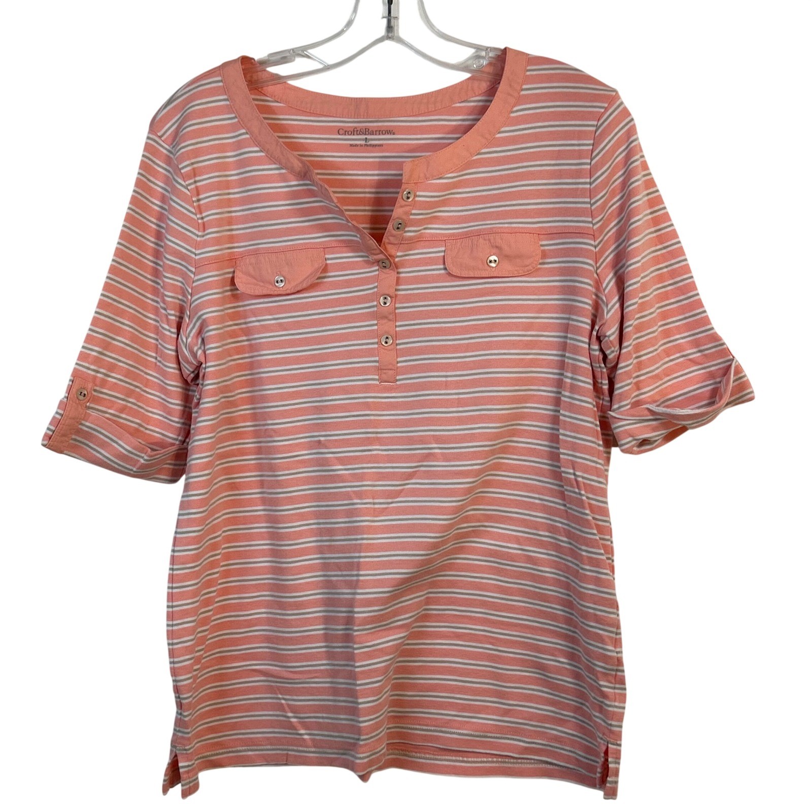 Croft & Barrow Womens Salmon Pink Striped Cotton Henley Roll Tab Sleeve Top L
