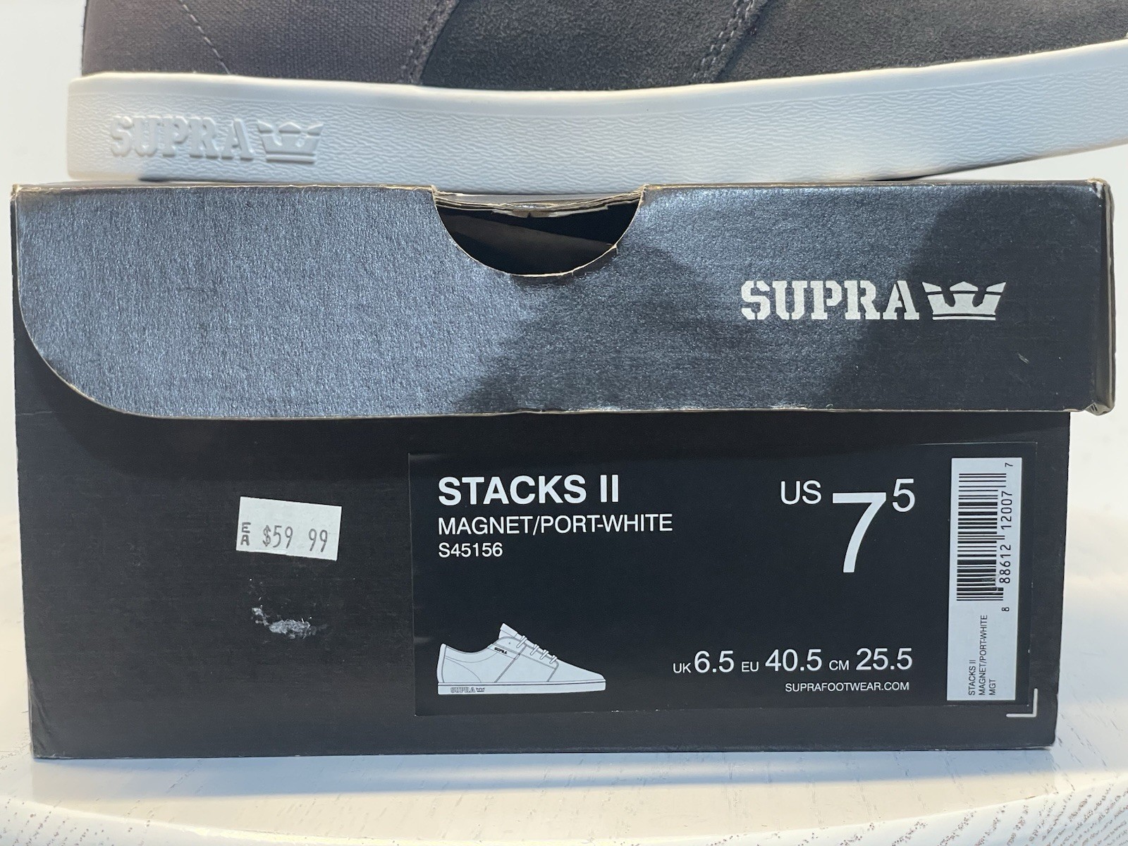 New! SUPRA Stacks 2 Magnet Gray/Port-White Skate Shoes Woman’s Sz US9.5/Mens7.5!