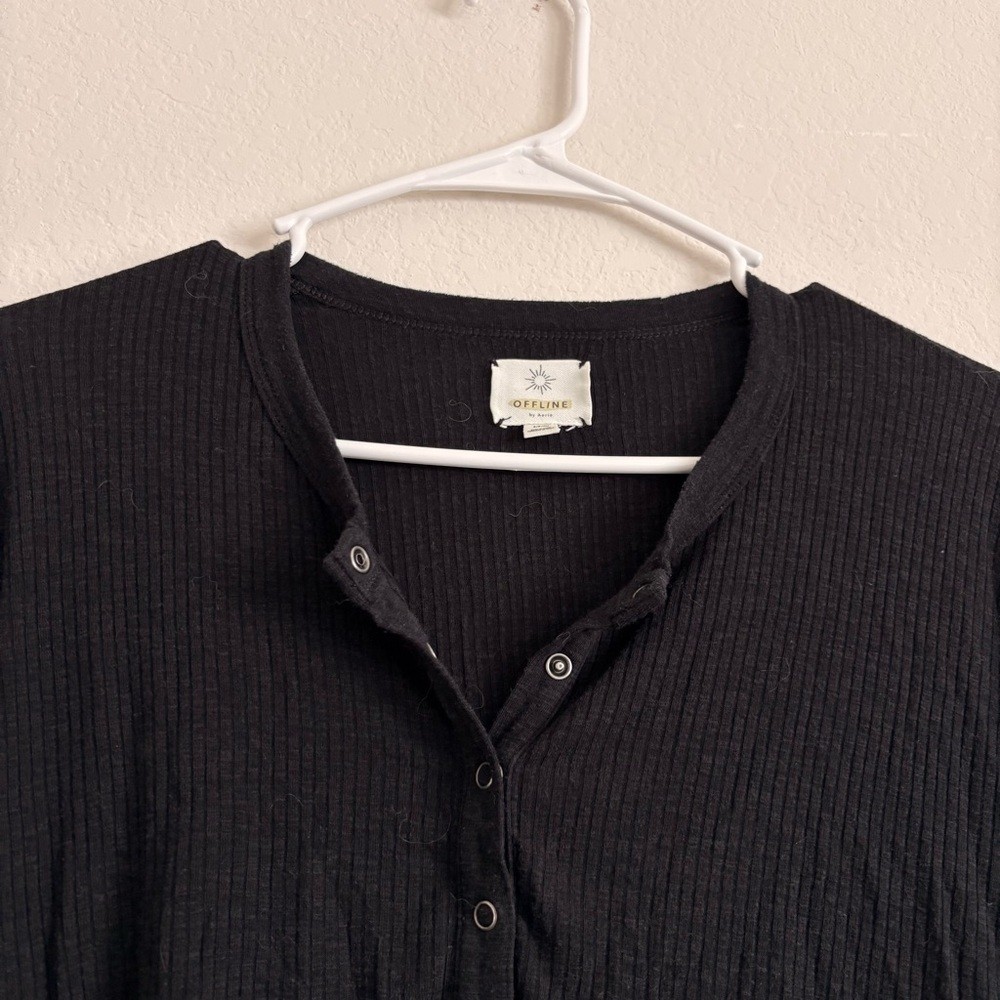 Aerie Black Ribbed Oversized Long Sleeve Top – size S