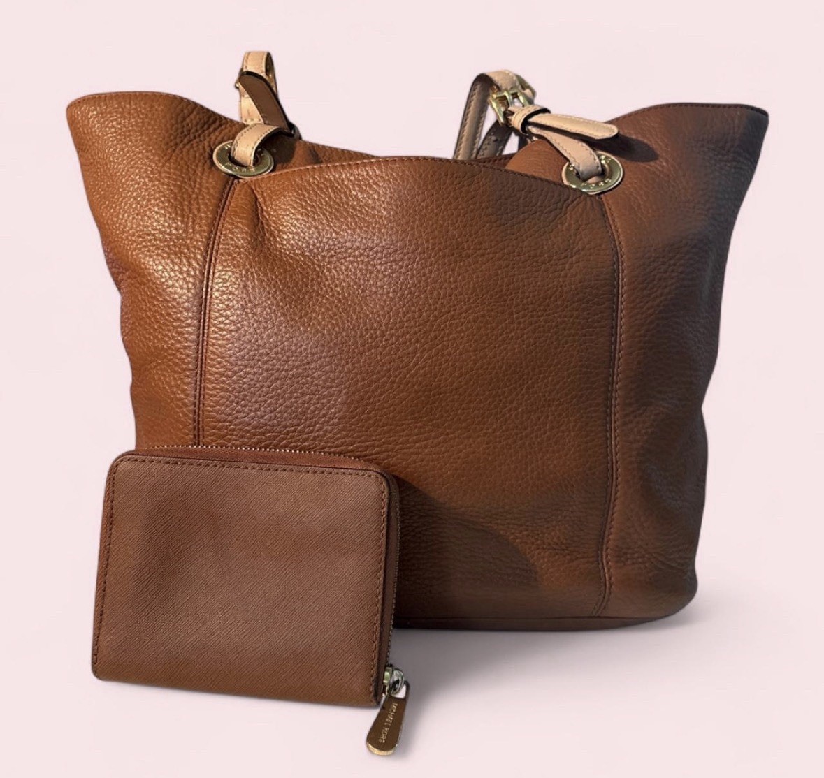 Michael Kors Large Brown Pebbled Tote Beige Straps Zip/Snap w/ matching wallet