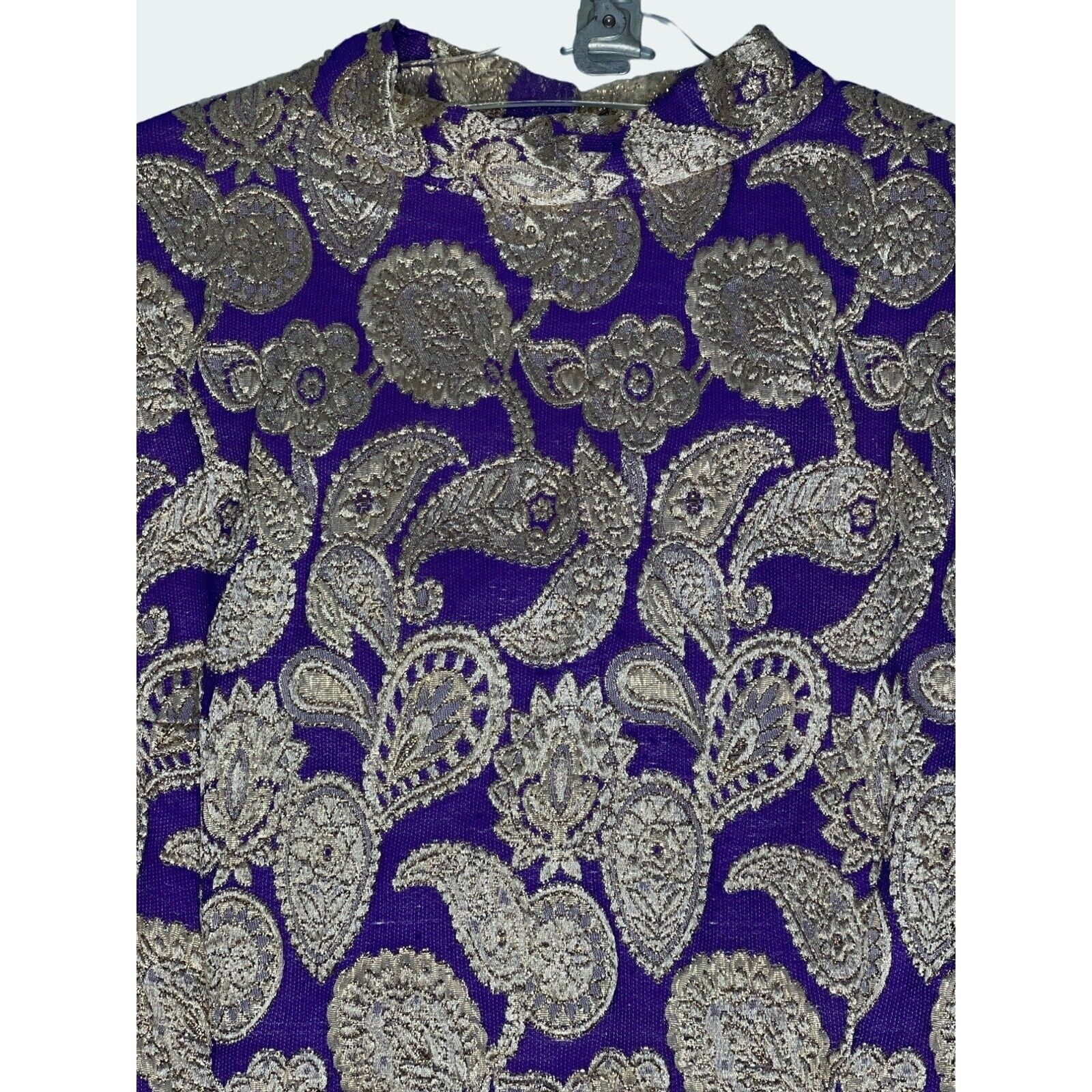 Vintage 70s Size Small Purple Gold Brocade MIni Dress Metallic Paisley MockNeck
