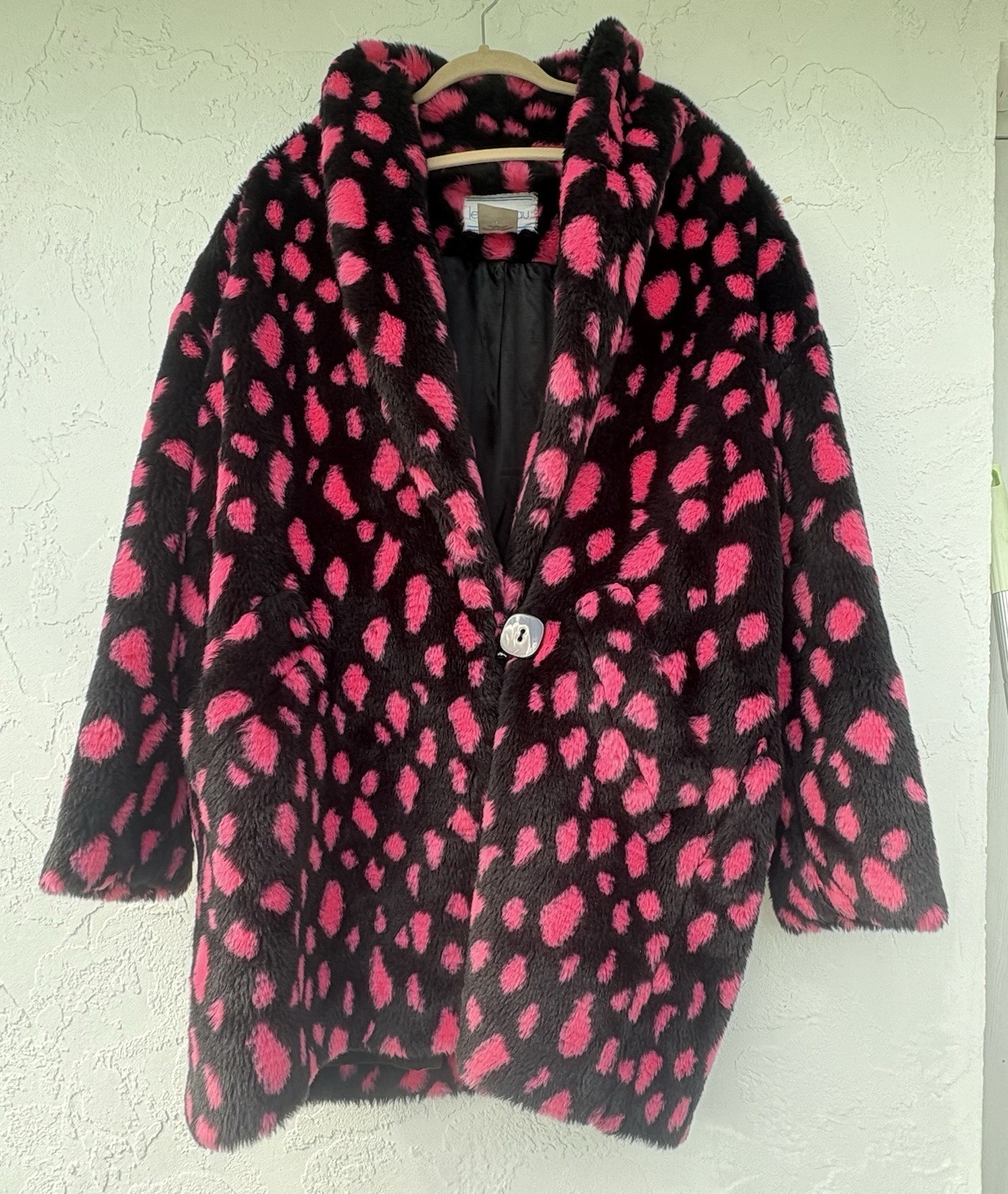 Le Chateau Canada Faux Fur Coat Black Pink Animal Print Lined Button Front Lg
