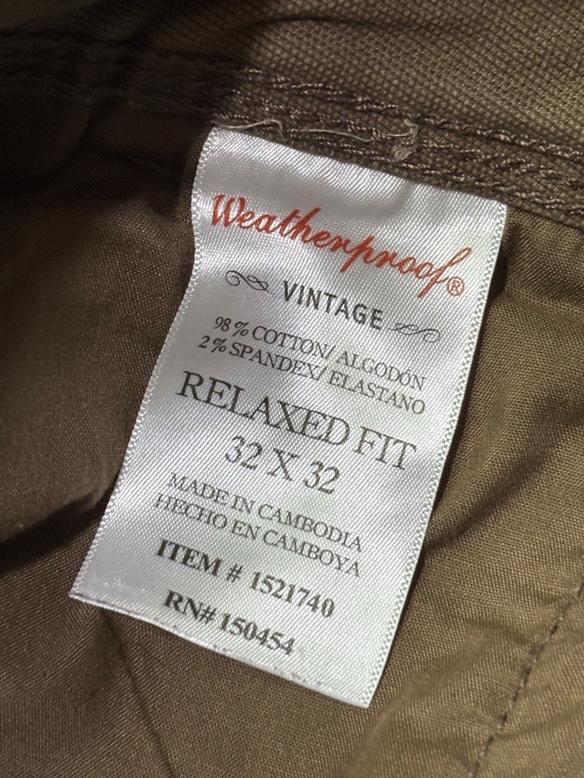 Weatherproof Vintage Men’s Relaxed Fit Canvas Pants Brown 32W Stretch Flat Front