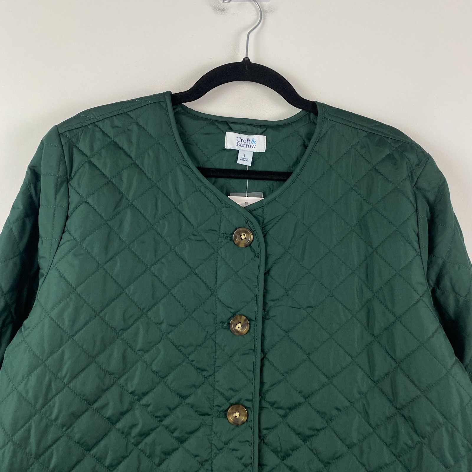 Croft & Barrow Quilted Button Up Long Sleeve Jacket Size Large Green Pockets