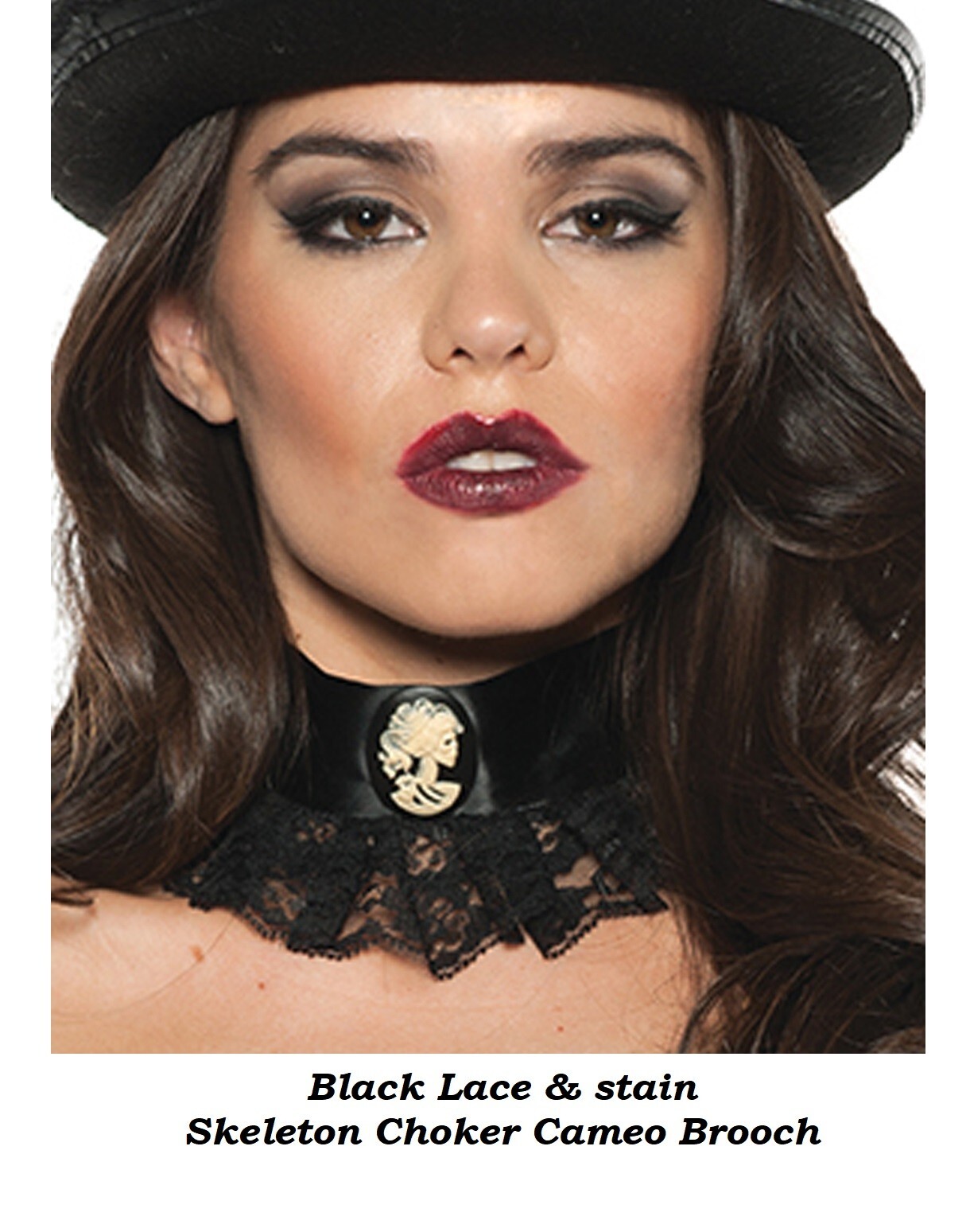 Black Lace & stain Skeleton Choker Cameo Brooch necklace Victorian Gothic