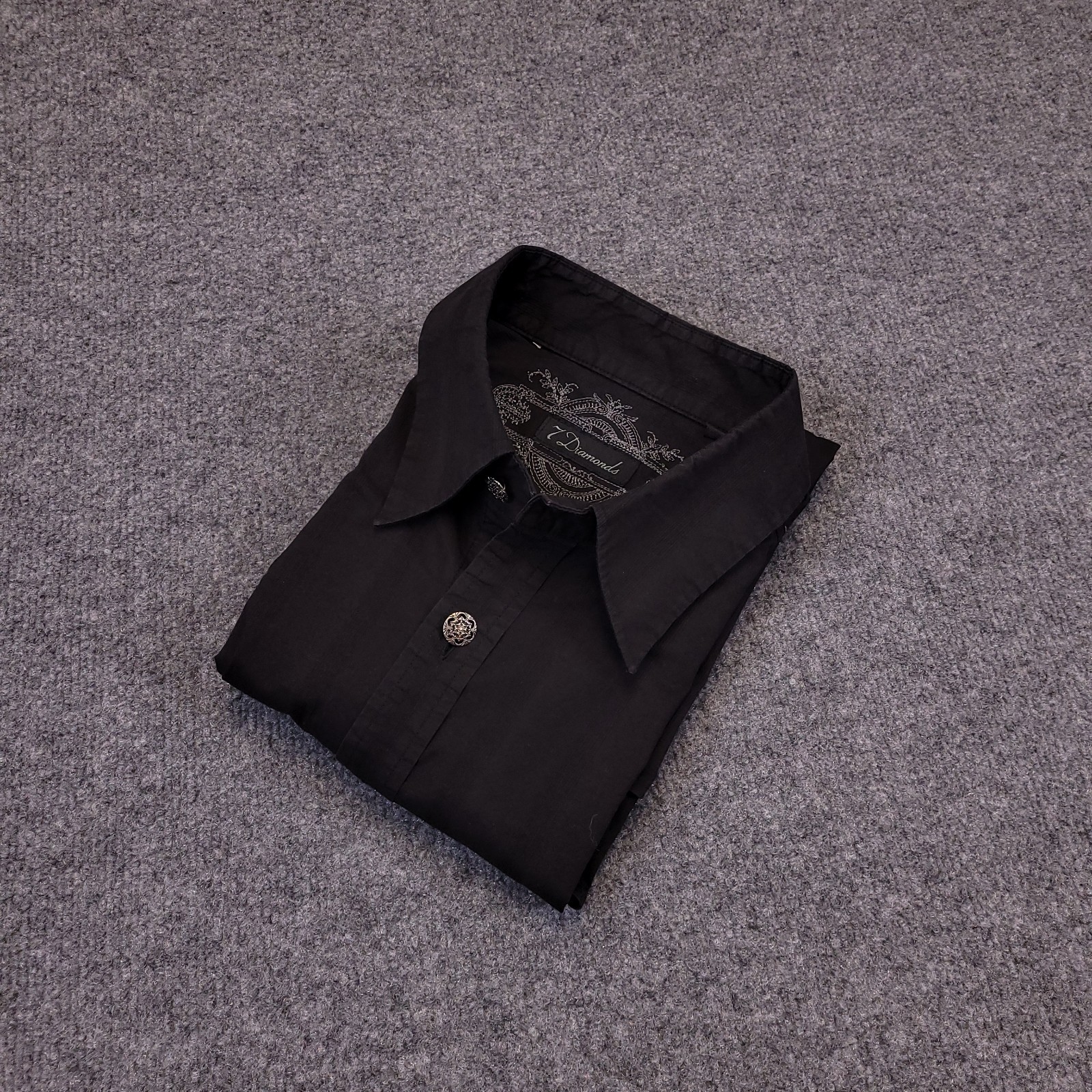 7D 7 Diamonds Embroidered Button Down Shirt Mens XL Black Stretch Metal Button