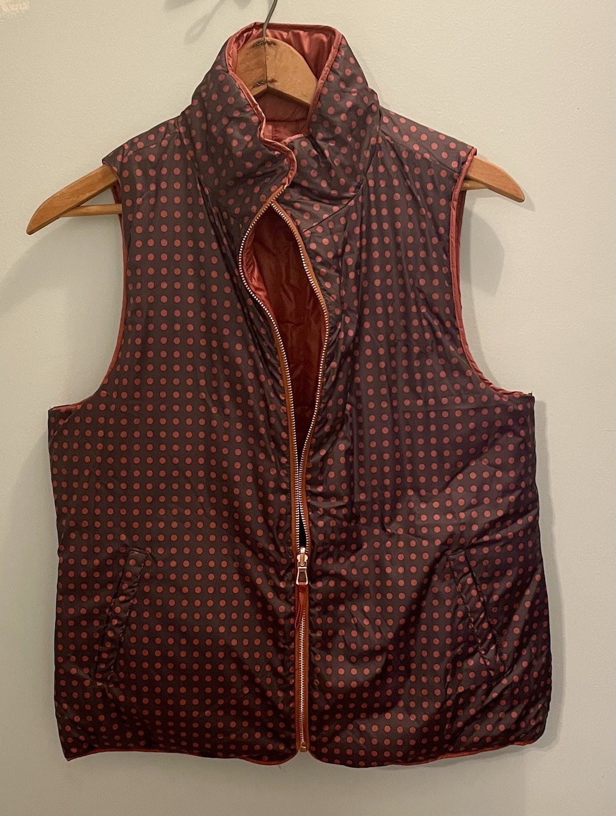 Kensie Jeans Reversible Quilted Puffer Vest Brown Polka Dot Zip Pockets M