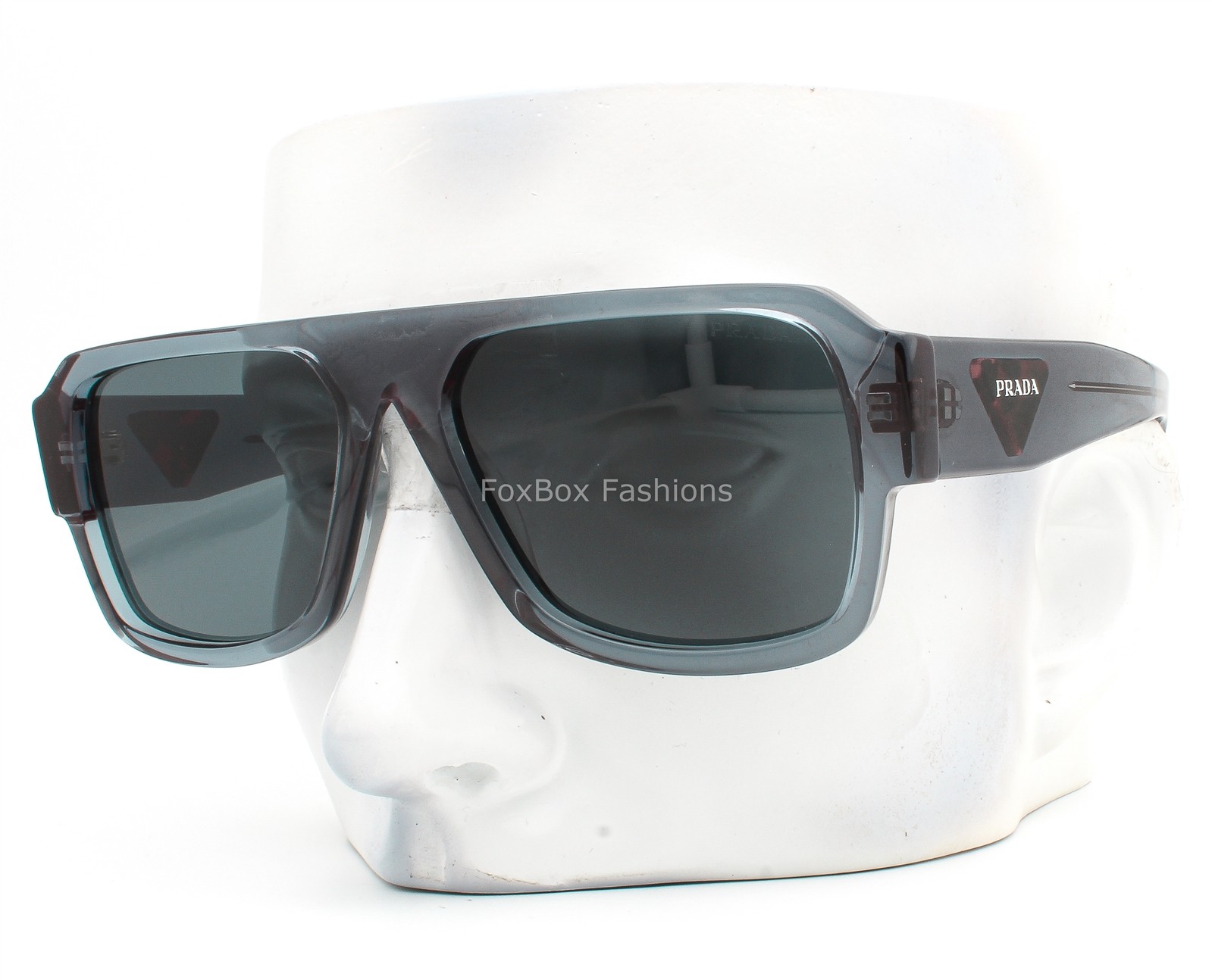 Prada Sunglasses SPR 22Y 19O-70B Transparent Blueish Gray Silver Logo with Case