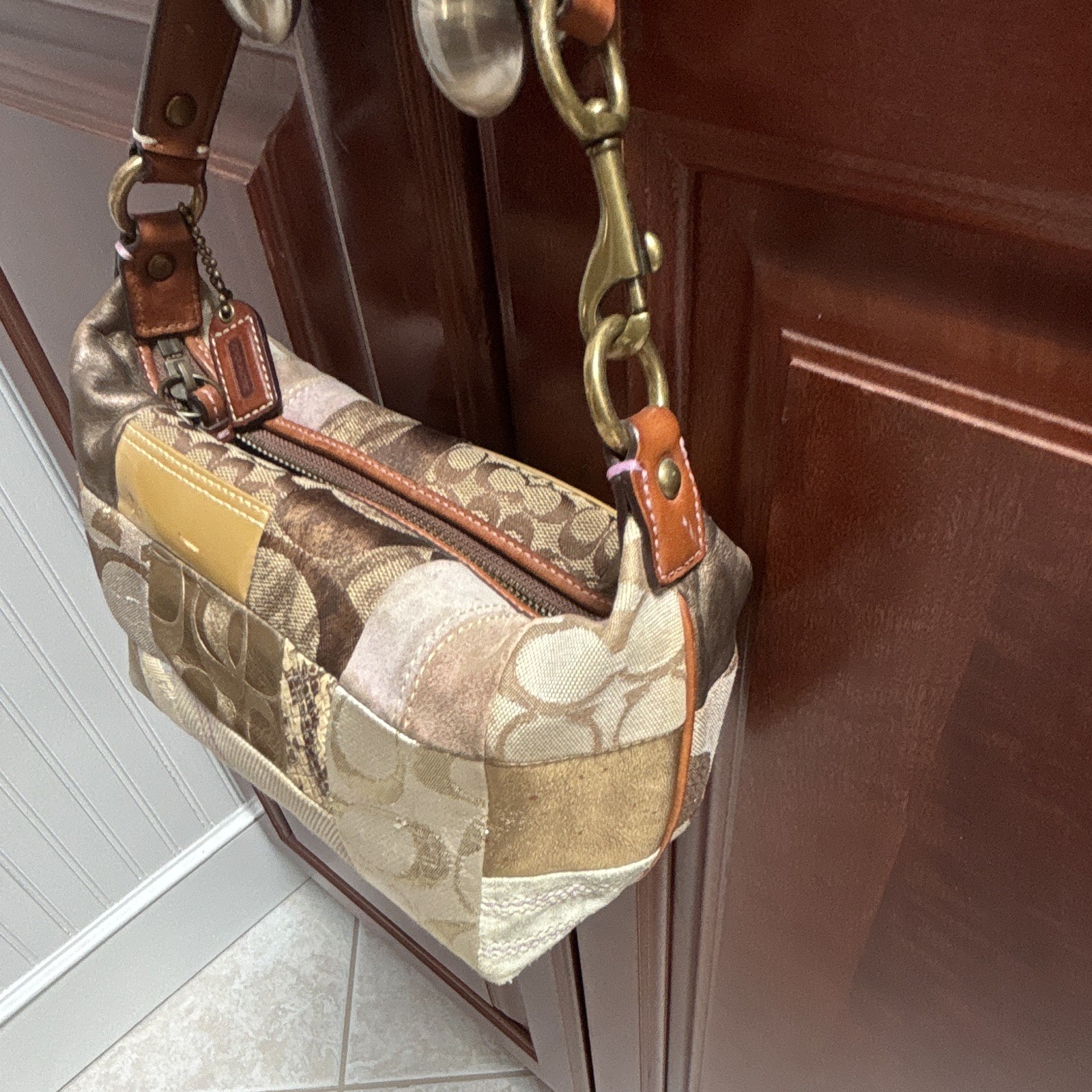 Vintage Coach Patchwork Logo Shoulder Bag Gold Brown Beige Purple Small Designer
