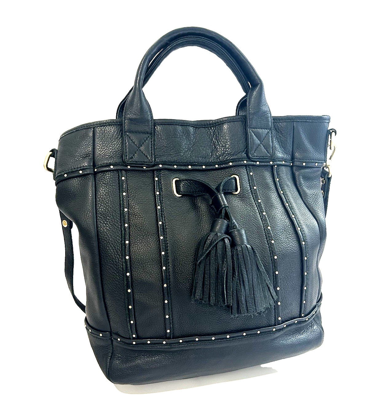 Steve Madden Black Studded Tassel Satchel, Zip/Magnetic, Detachable Strap