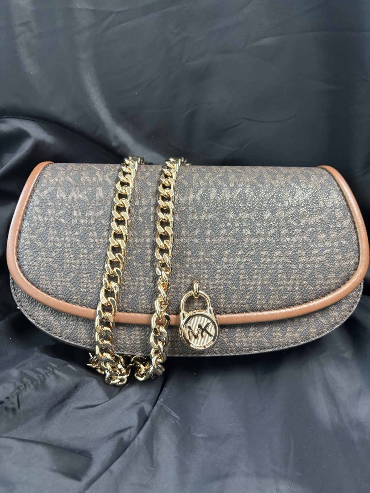 Michael Kors Brown Monogram Small Shoulder Bag Gold Chain Strap Magnetic