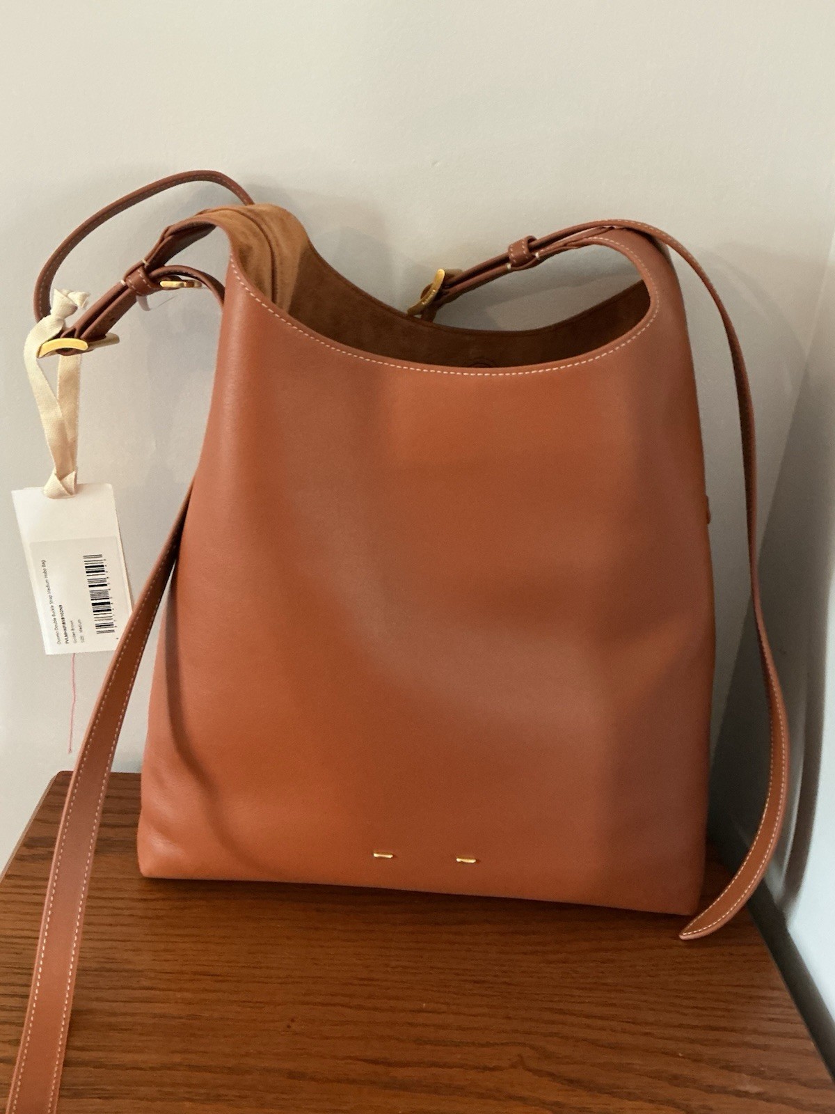 Nwt $488 Fabrique Brown Nappa Leather Duomo Double Buckle Strap Medium Hobo Bag