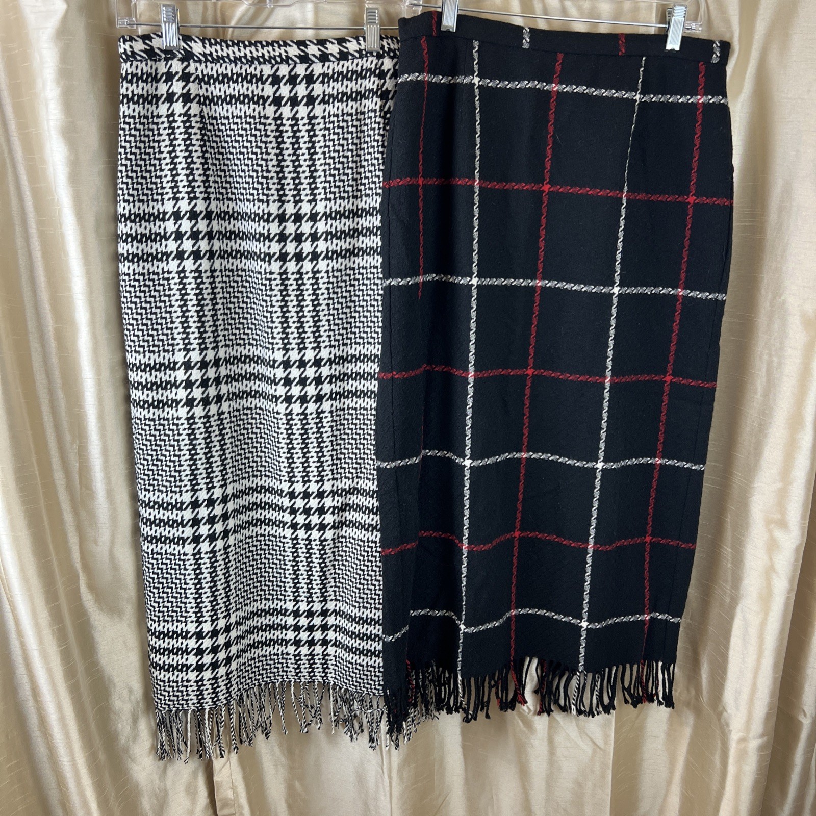 Pair of Nouveaux Sz 12 Pencil Plaid Fringe Skirt Lined Back Slit Wool Blend
