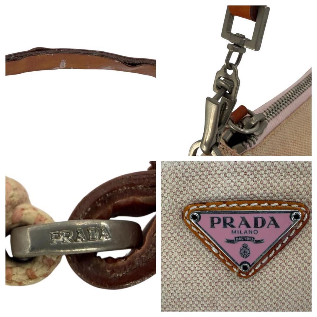 PRADA Triangle Logo One Shoulder Canvas Leather Accessory Pouch Beige Authentic