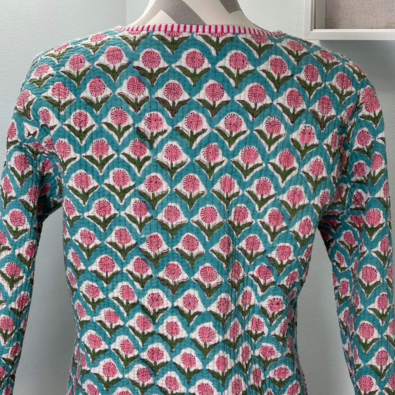 Block Print Quilted Jacket Turquoise Pink Floral Reversible Button Front Medium