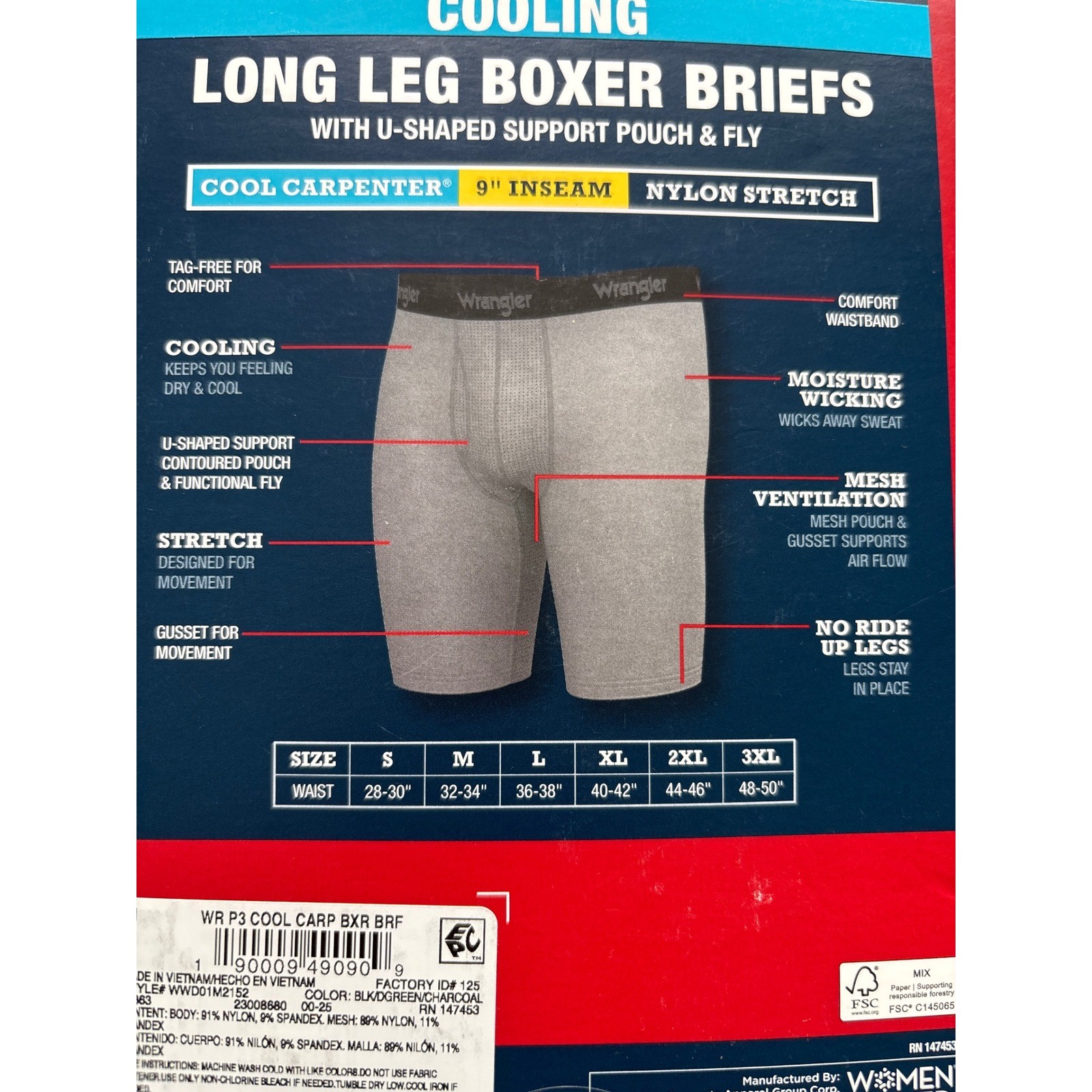 Wrangler Boxer Briefs Men M Multi New 3-Pack Cooling Nylon Stretch 9″ Inseam