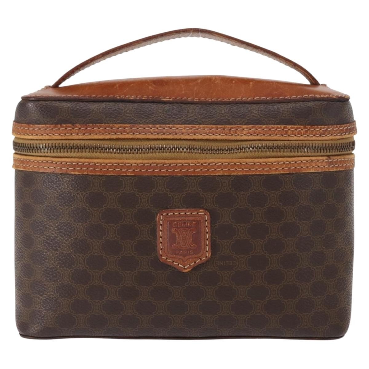 CELINE Macadam Canvas Vanity Pouch PVC Leather Brown Gold Auth ep12322