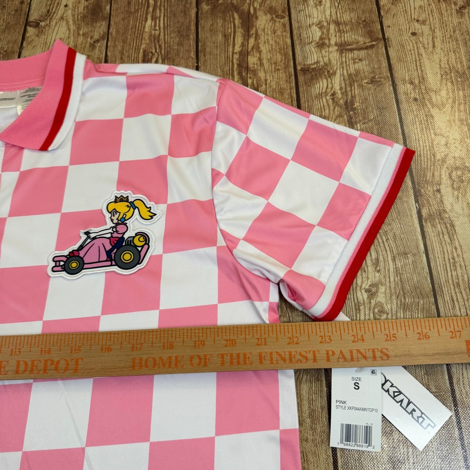 Nintendo Mario Kart Princess Peach Polo Shirt Mens Small Pink Checkered Patch