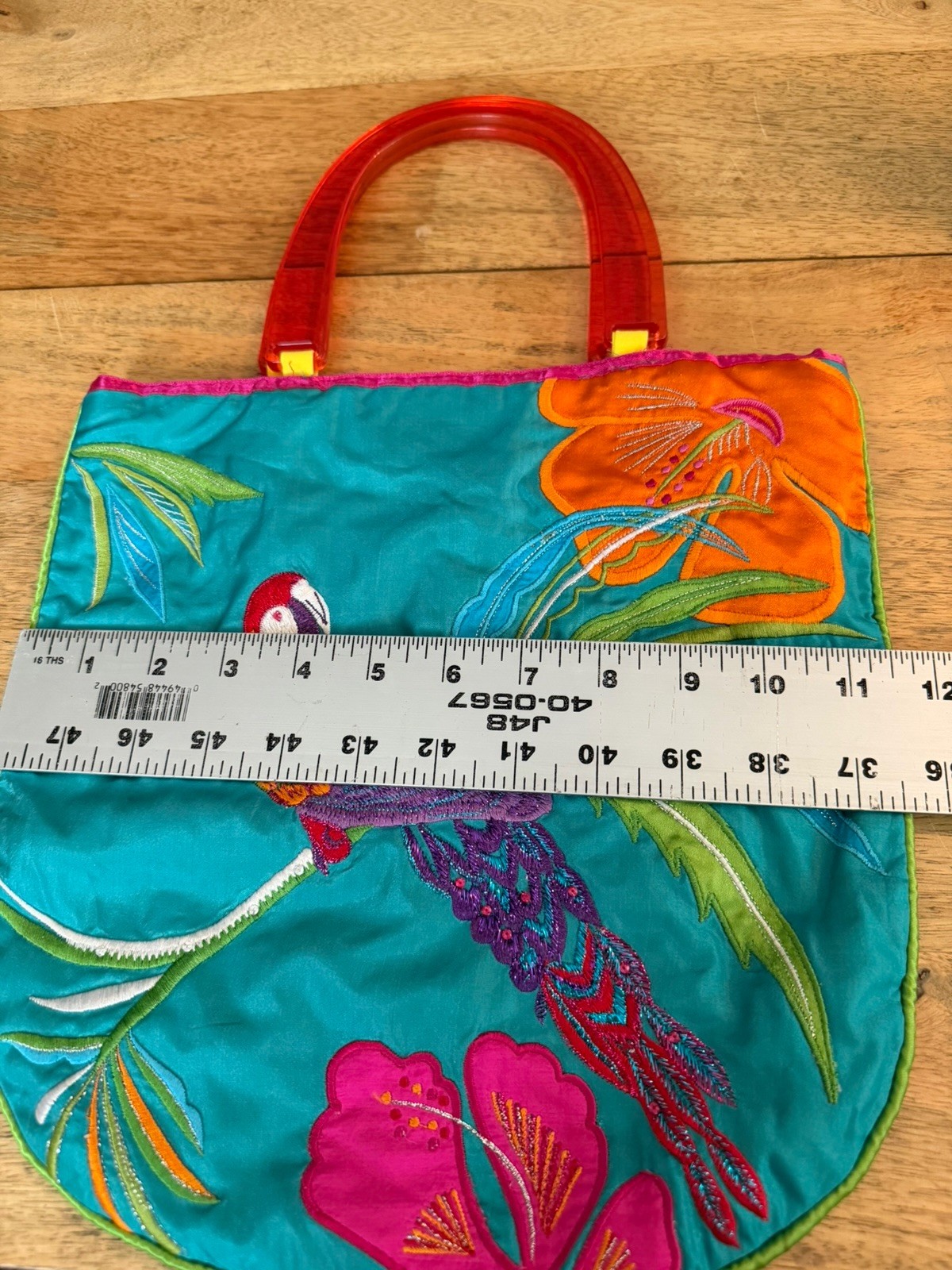Accessorize Handbag Embroidered Parrot Tropical Dbl Plastic Handles 11.5” Square