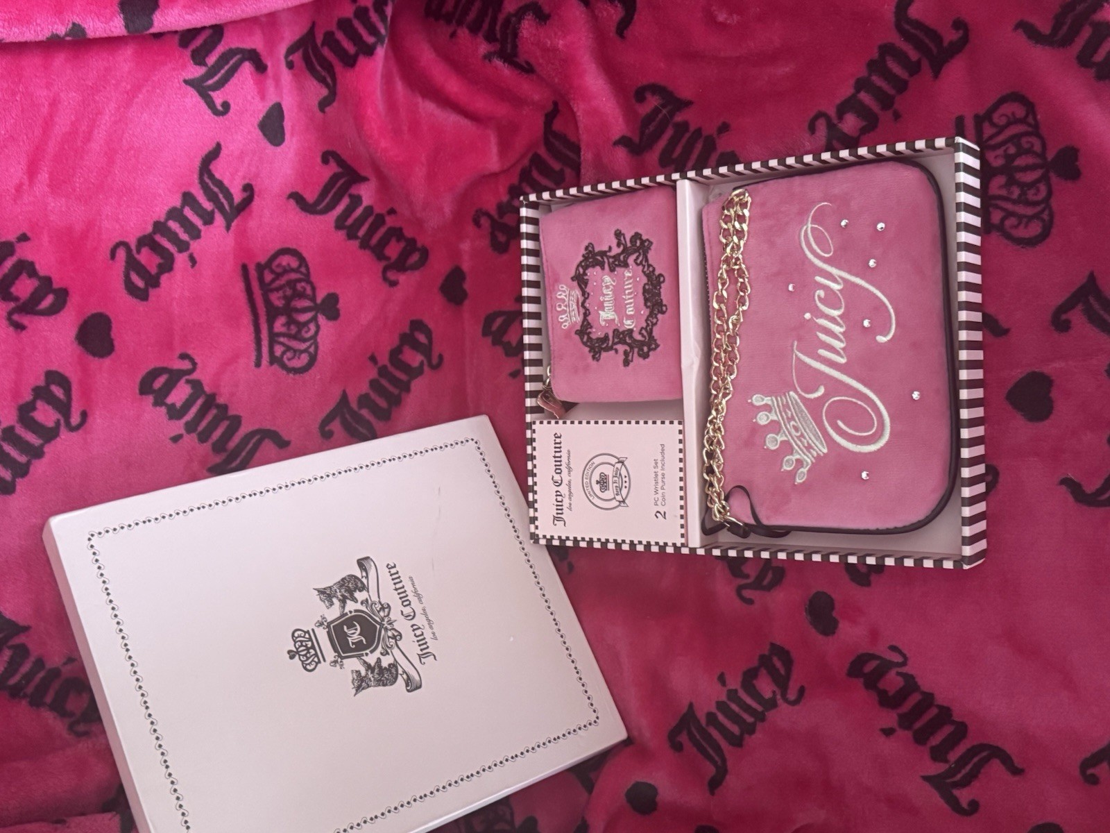 Juicy Couture Pink Zip-Around Wristlet Wallet, Chain Strap, Rhinestone Logo