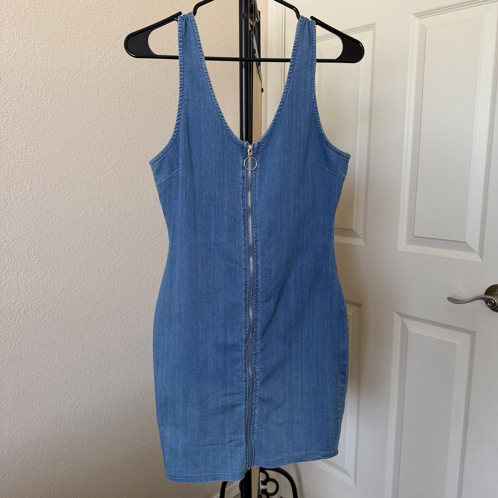 Iris womens small blue bodycon zip-up jean dress preppy y2k bohemian westerncore