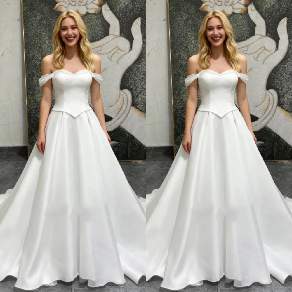 Classic Wedding Dresses Off The Shoulder Satin A Line Sweep Train Bridal Gowns