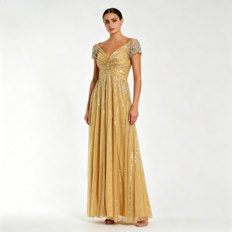 Luxury Gold Sequined Evening Gown With Embellished Shoulders Customized Dresses