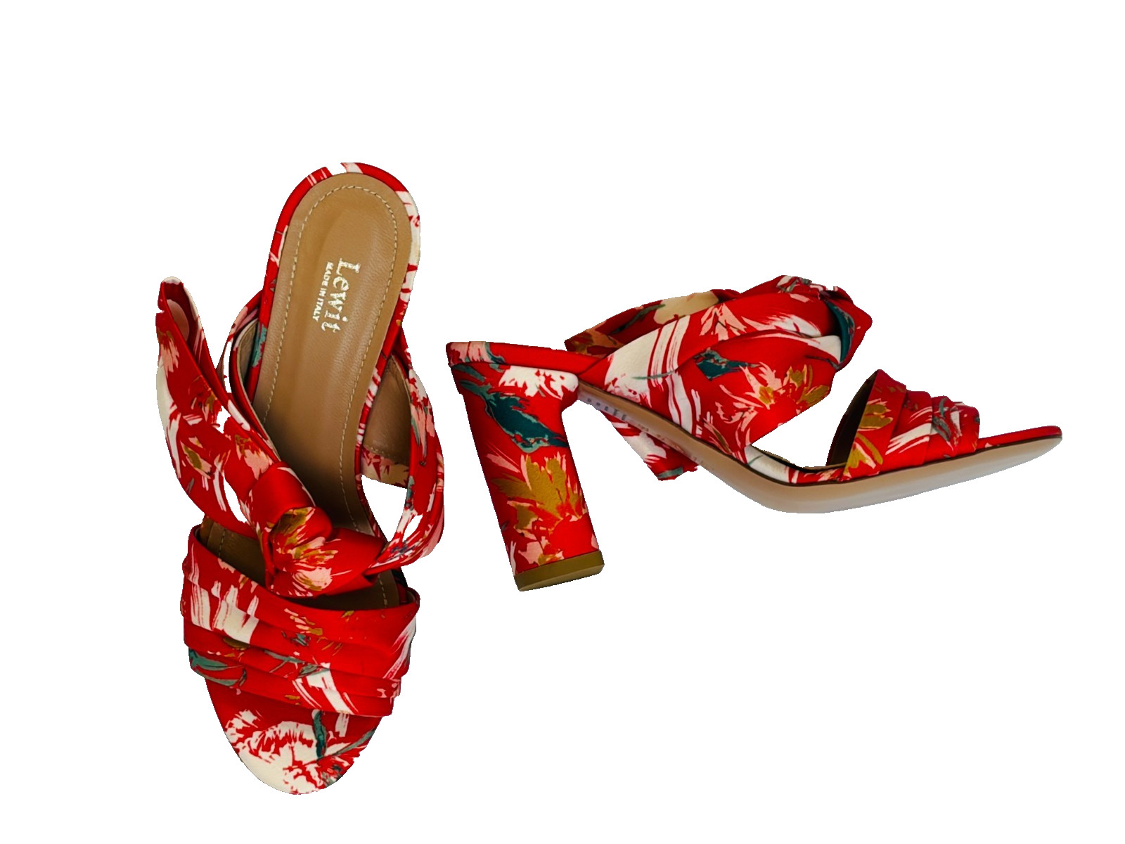Lewit Rosa Floral Print Bow Mule Pumps Block Heel Red Satin -Size 6 (35 1/2)
