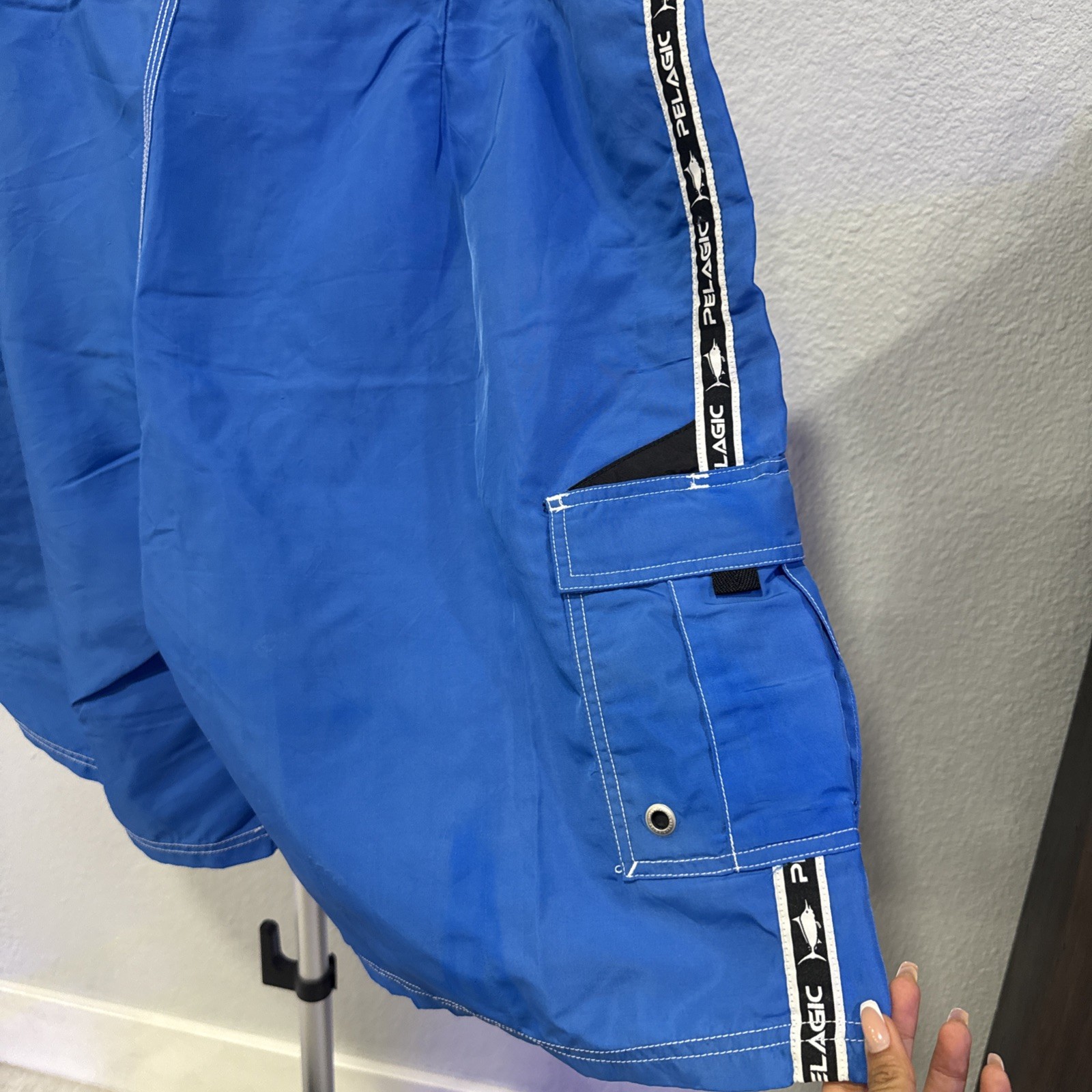 Pelagic Blackfin Men’s Board Shorts, Blue, Fishing Swim Trunk, Nylon, size 40