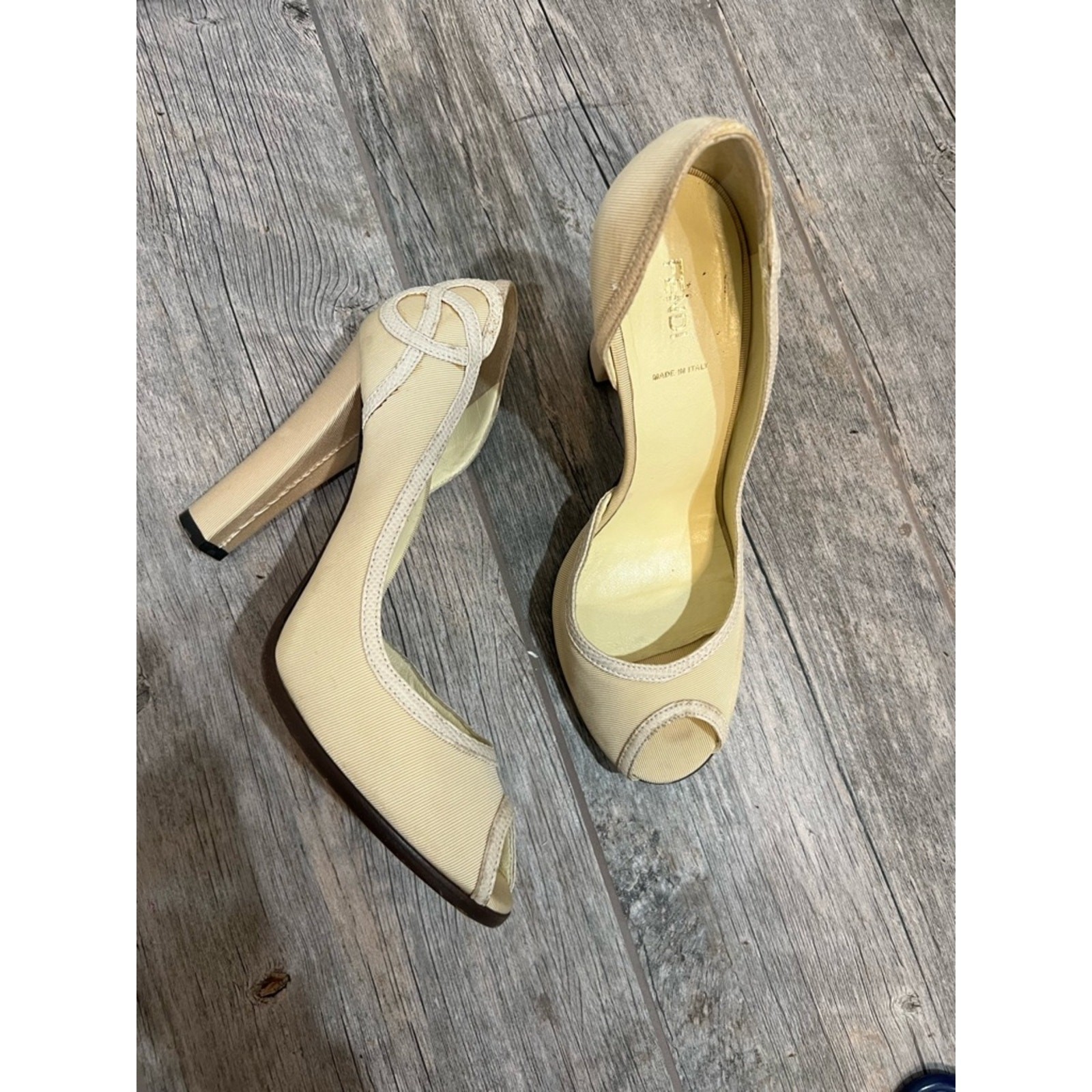 Fendi Beige Peep Toe D’Orsay Heels Canvas Leather Trim Made in Italy Size 40 1/2