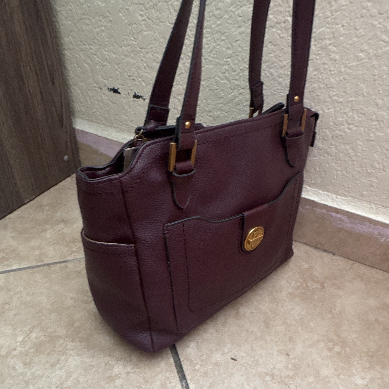 Rosetti Burgundy Pebbled Satchel Top Handle Bag Gold Hardware Turn Lock Zip