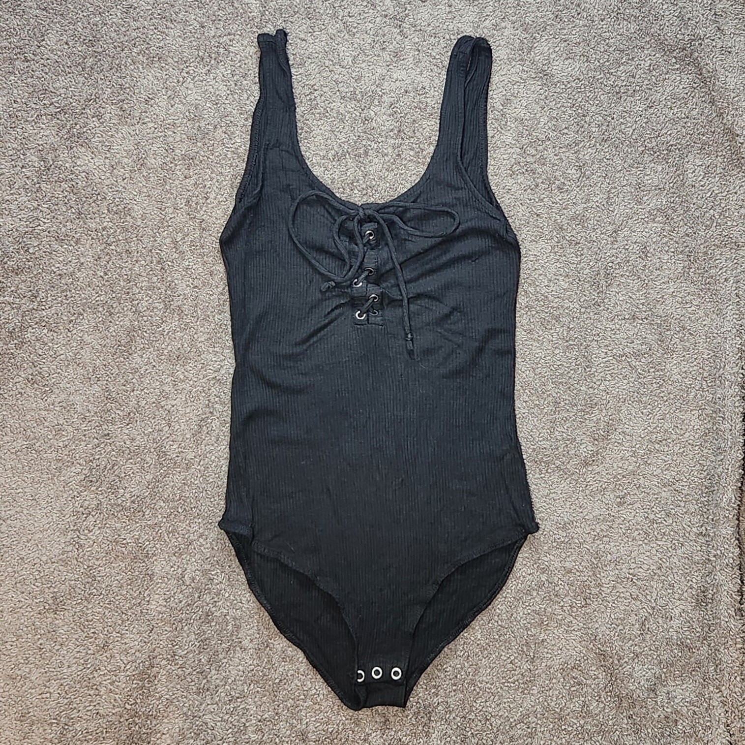 Black American Eagle Outfitters Lace-Up Tank Bodysuit Small Ribbed Snap Stretch