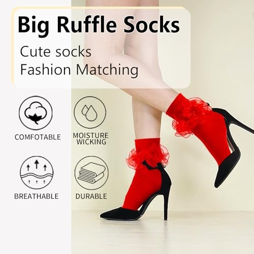 Women Big Ruffle Ankle Socks Double Lace 9-11 3 Pairs – White, Red, Black