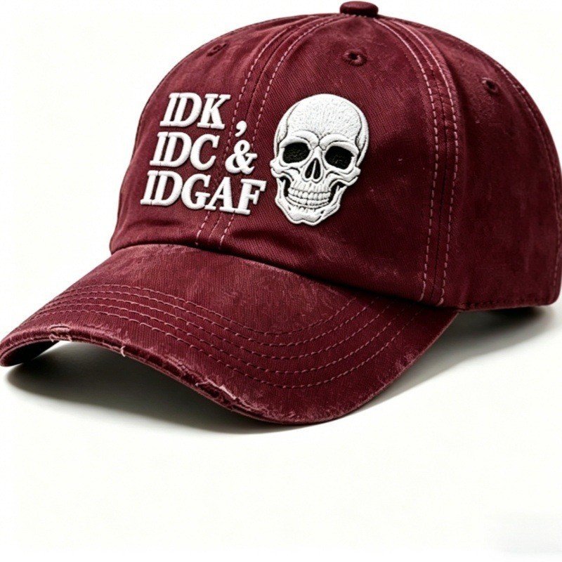 IDK IDC & IDGAF Skull Embroidered Vintage Washed Baseball Cap Funny Men Dad Hat