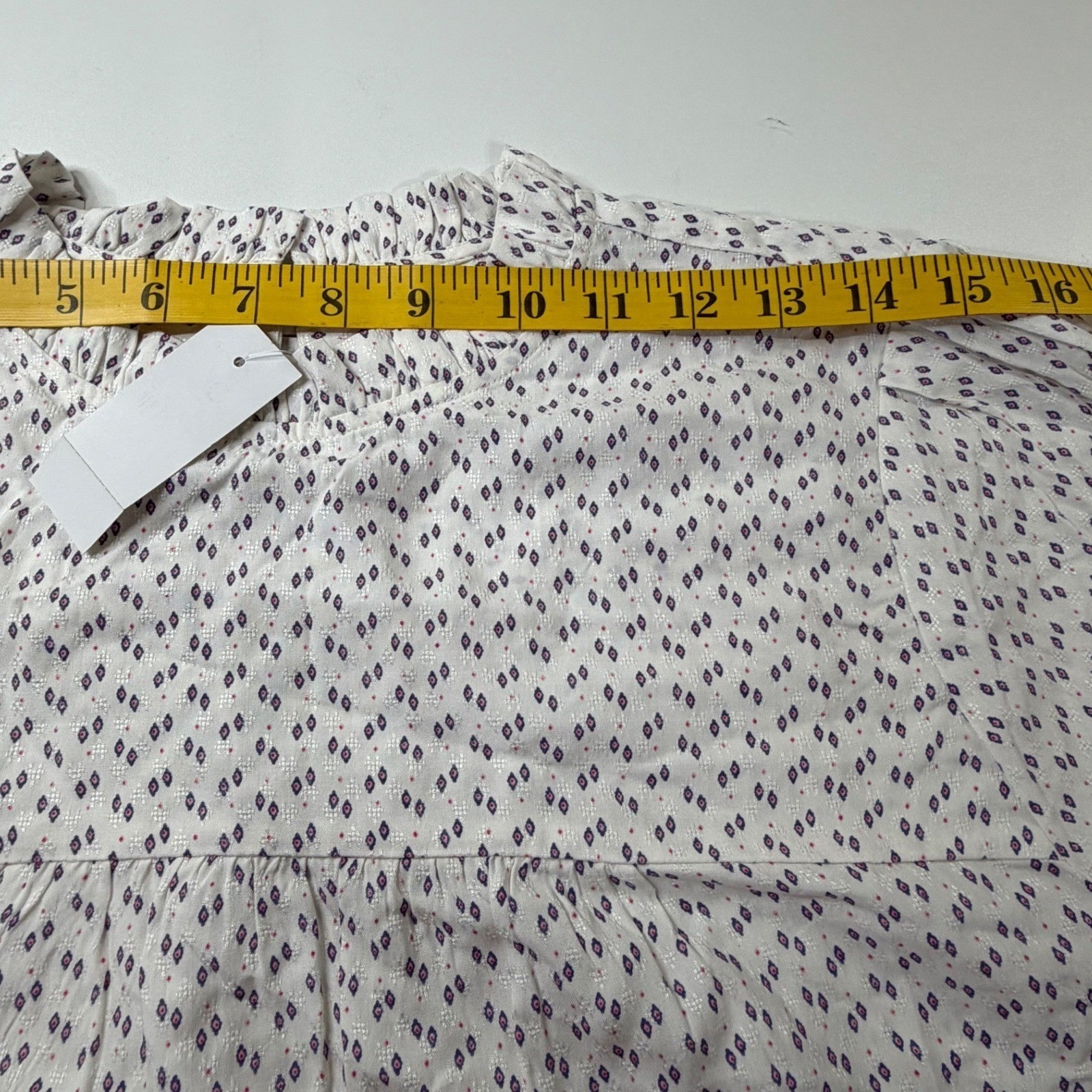 LOFT Blouse Womens Large White Diamond Print Lace Trim Boho Ruffle Neck