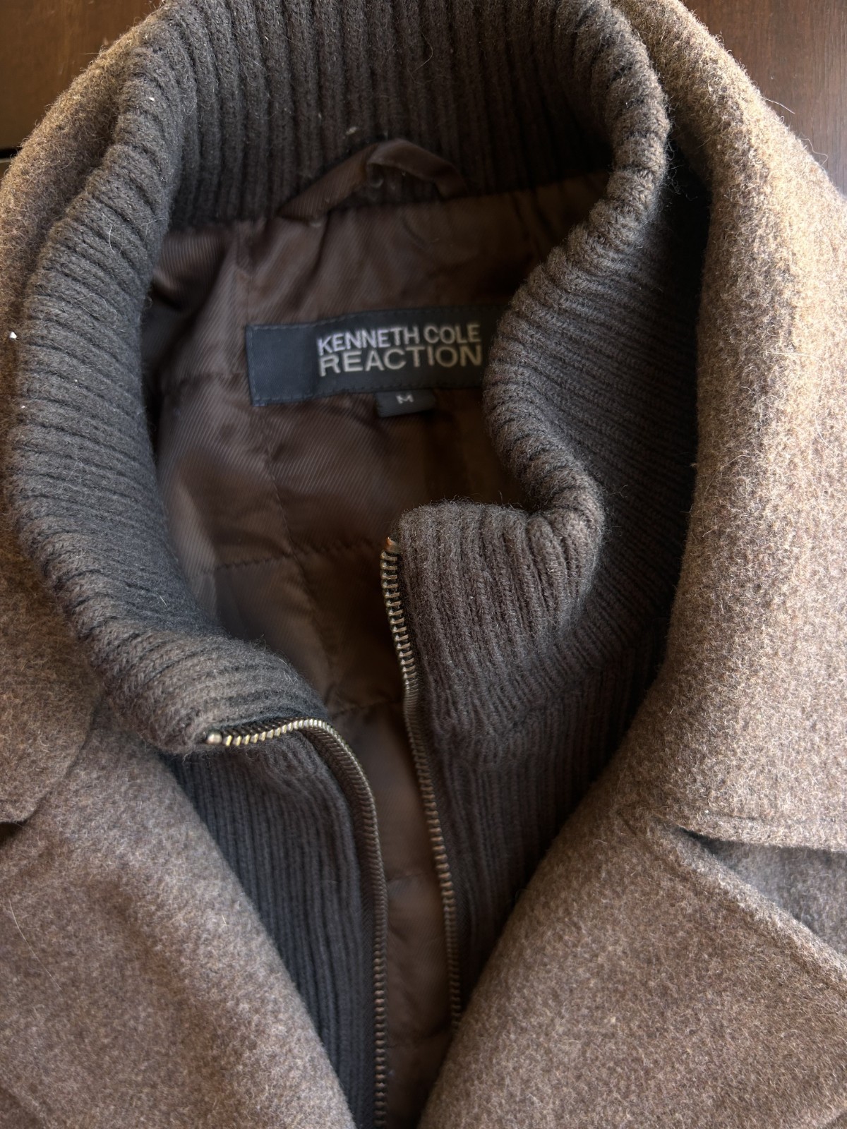 Kenneth Cole Reaction Men’s Wool Blend Pea Coat Brown Size M Layered Bib