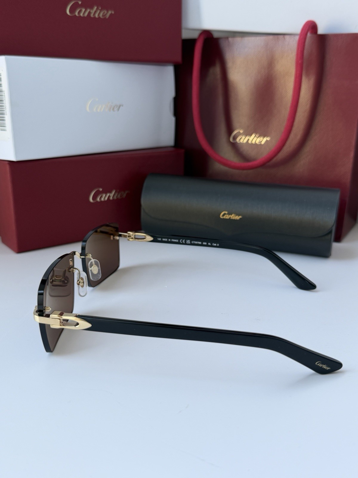 CARTIER CT0579S 005 Gold Black Dark Grey Lens Rectangular Sunglasses AUTHENTIC