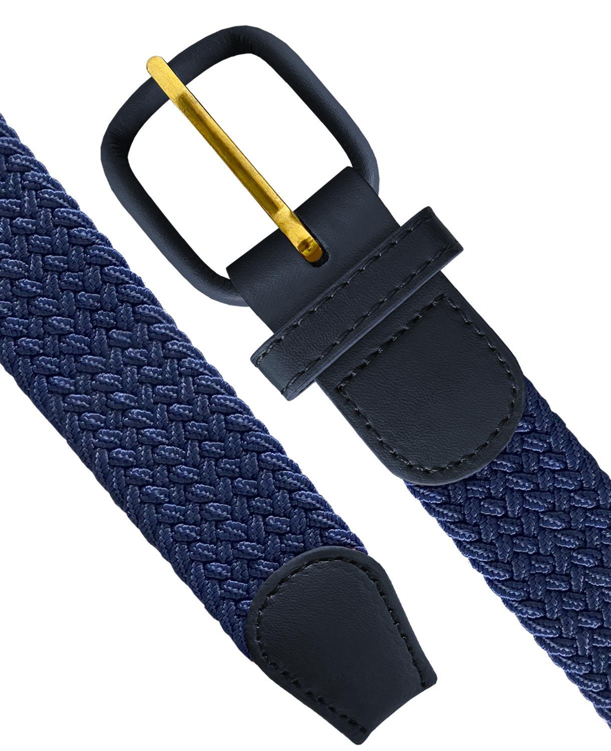Navy Stretch Belt Leather Covered Buckle Woven Elastic Stretch Belt 1-1/4″ Wide