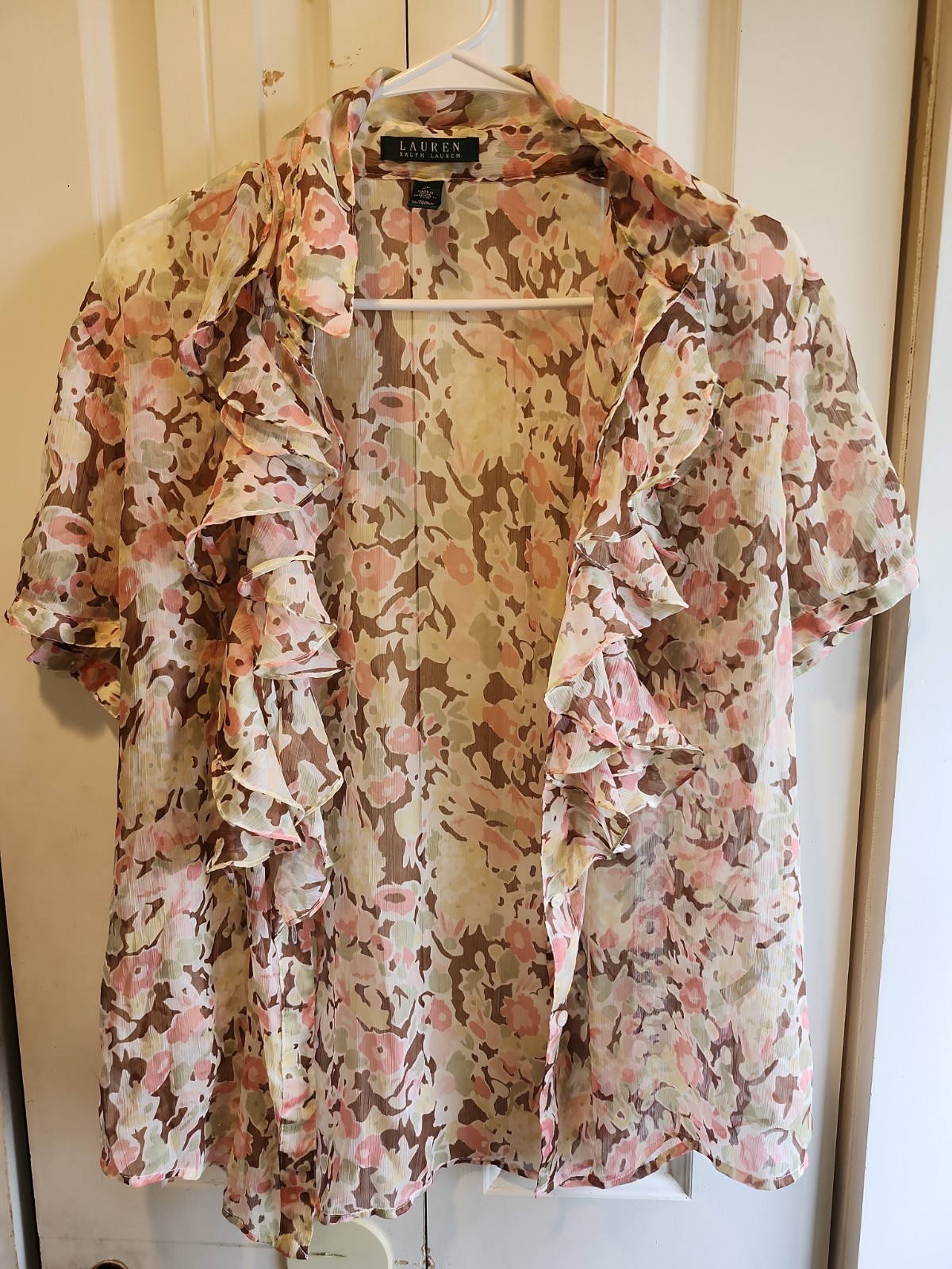 Ralph Lauren Semi Sheer Ruffle Front Blouse Top Sz XL Ivory Pink Blue Floral Pat