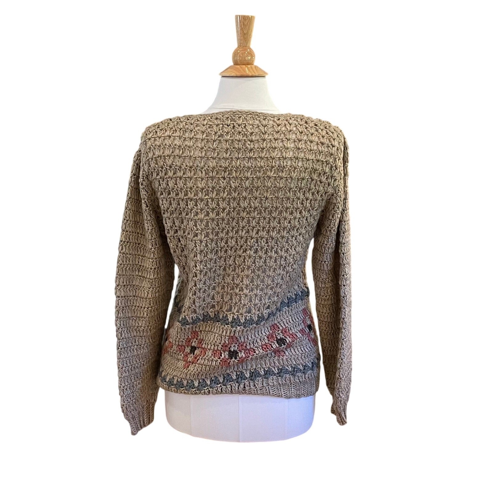 Vintage Lord & Taylor Tan Wool Blend Open Knit Crochet Cardigan, Floral, Size L