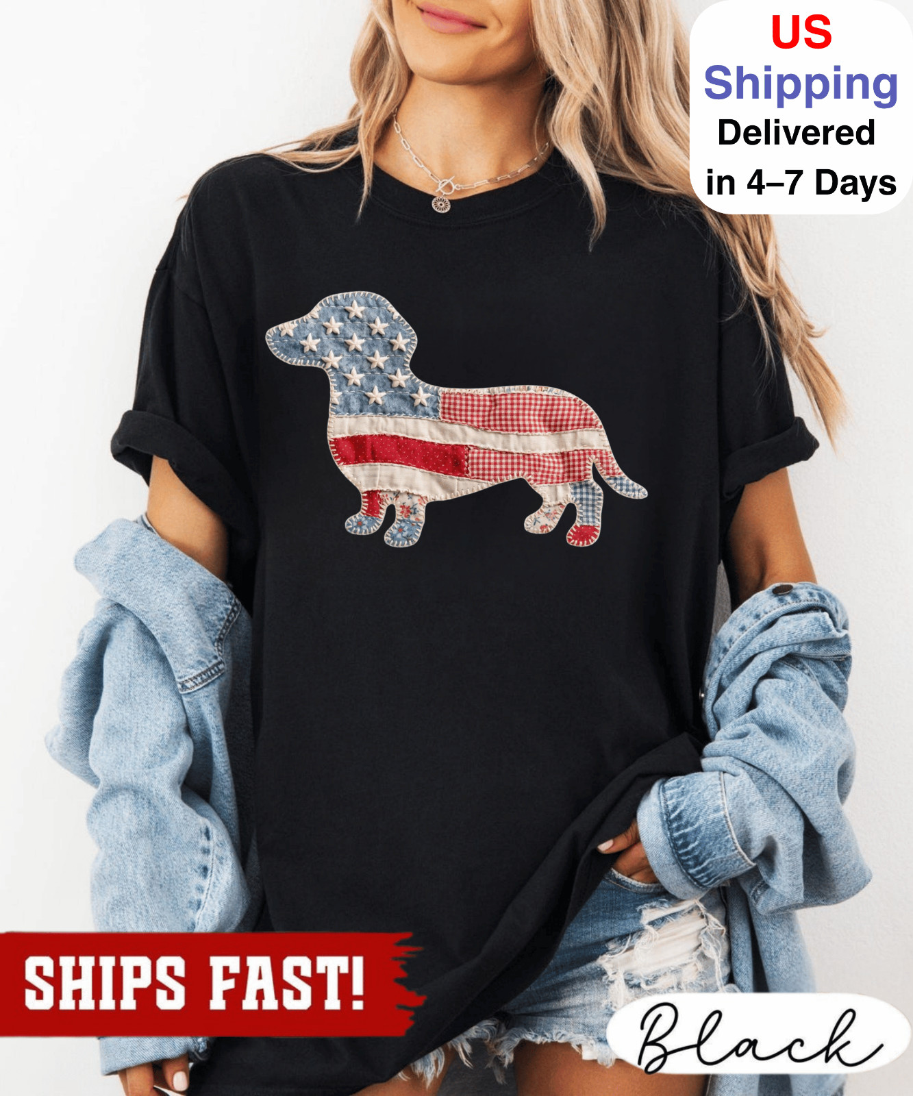Faux Patchwork Dachshund Shirt, 4th of July Shirt Women, Dachshund Mom Gift, Ame